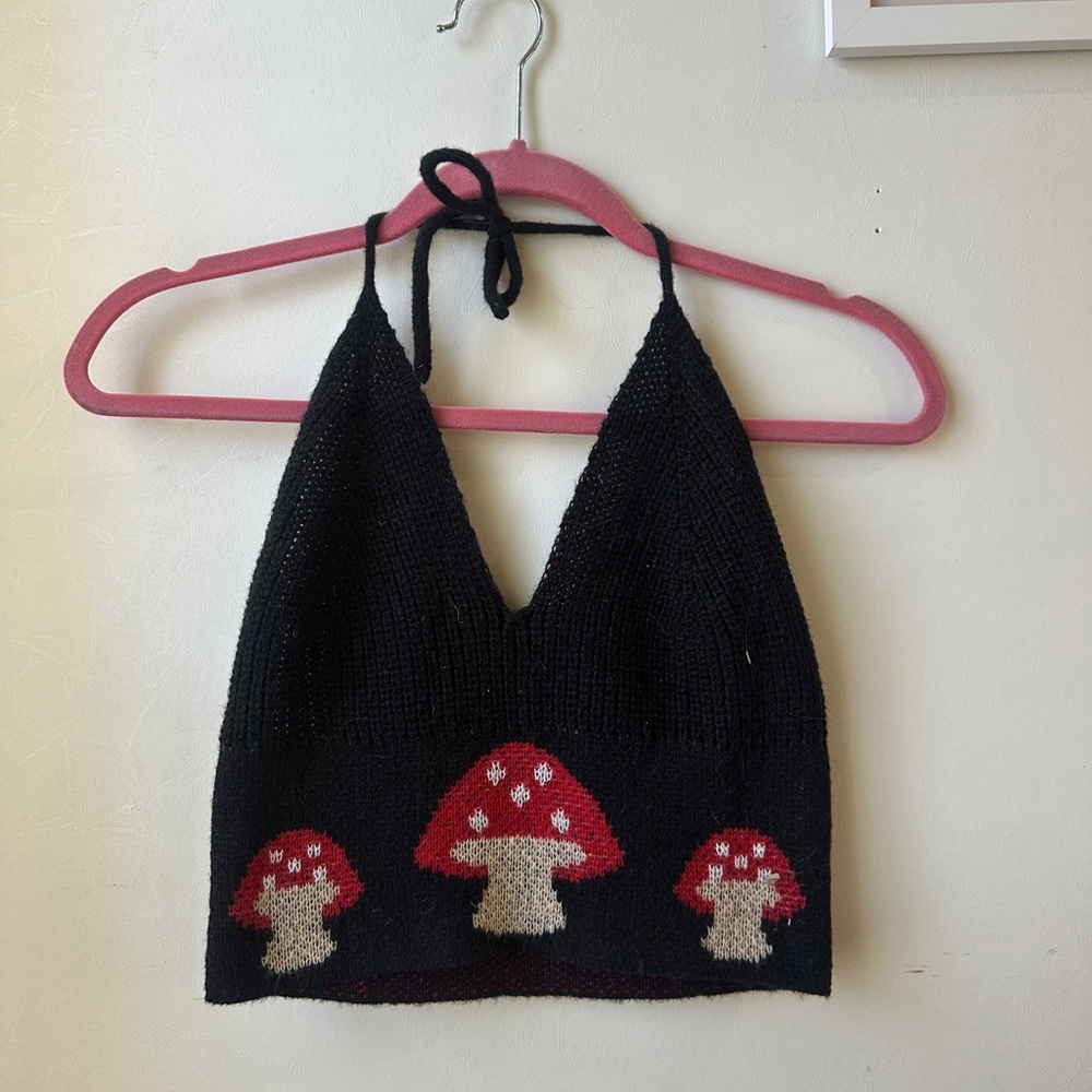 Black Knit Halter Top with Red Mushrooms